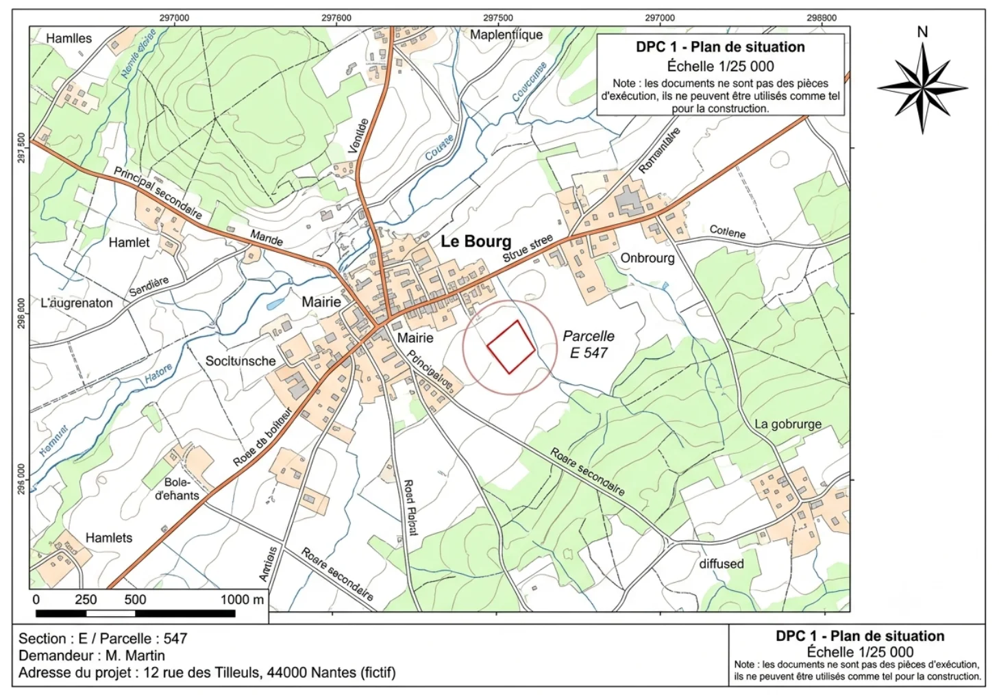 Exemple de DPC1 : plan de situation IGN 1/25 000 avec parcelle E 547 repérée en rouge, cartouche demandeur et adresse du projet