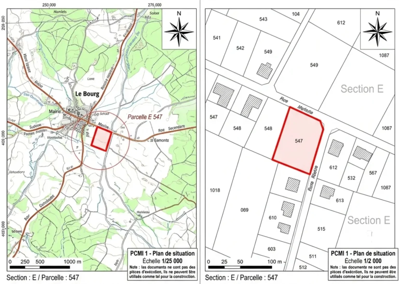 Exemple de plan de situation PCMI 1 : double vignette IGN 1/25 000 + cadastral 1/2 000, parcelle repérée en rouge, cartouche officiel